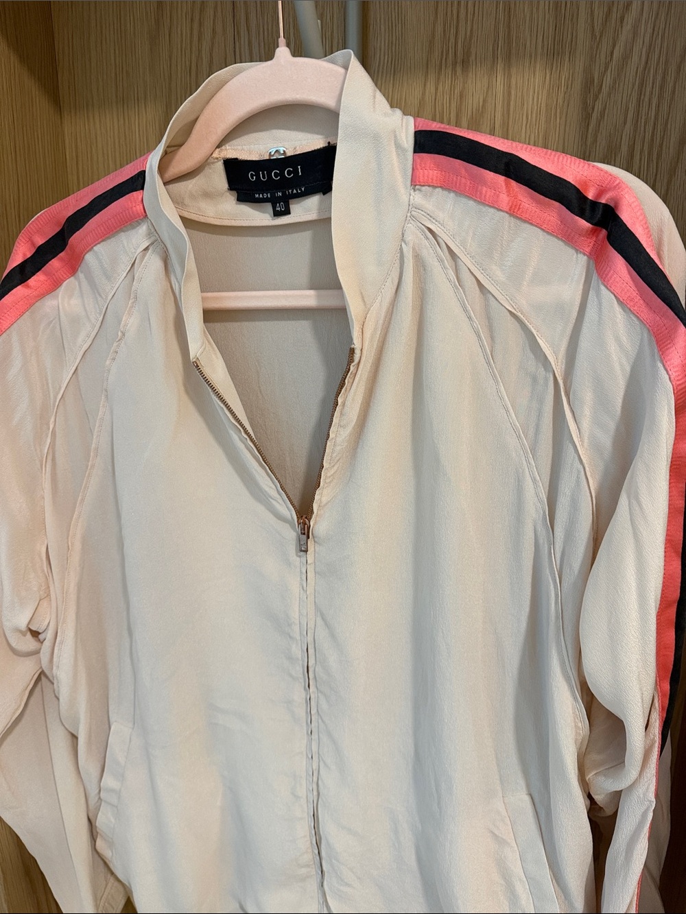Silk Gucci Cream Bomber Jacket with Pink and Black Stripes